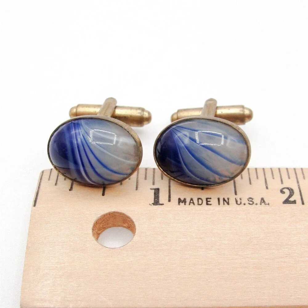 Vintage Gold Tone Blue White Swirl Glass Oval Cufflinks Retro MCM Classic